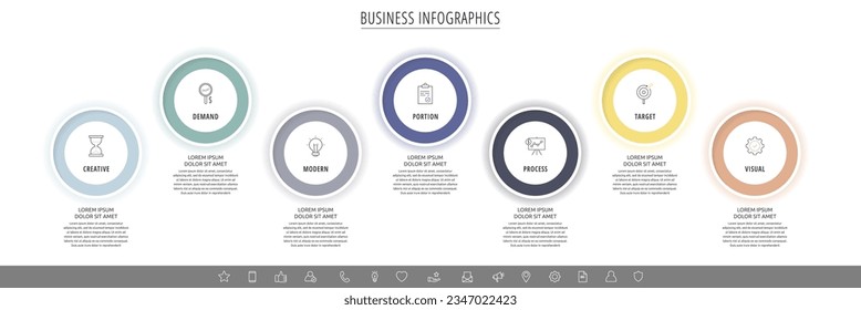 Moderne Vektorgrafiken mit sieben Kreisen. Geschäftsvorlage mit 7 Schritten für Diagramm, Web, Banner, Präsentationen, Flussdiagramm, Inhalt, Ebenen, Diagramm, Grafik, Zeitleiste