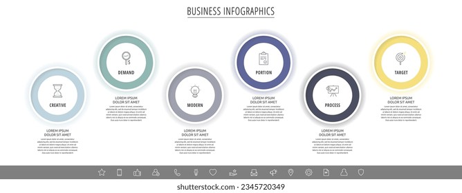 Infografía vectorial moderna con seis círculos. Plantilla de negocio con 6 pasos para diagrama, web, banner, presentaciones, diagrama de flujo, contenido, niveles, gráfico, gráfico, escala de tiempo
