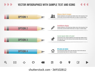 Modern vector Infographics template with lead pencils, icons set and sample text - isolated on white background. Vector illustration.