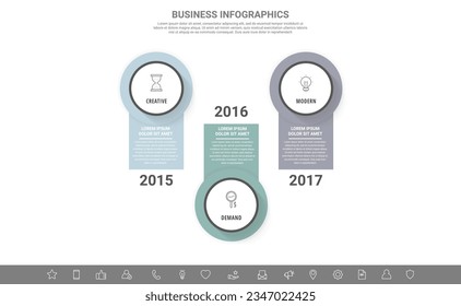 Modern vector infographics with three circles. Business template with 3 steps for diagram, web, banner, presentations, flowchart, content, levels, chart, graphic, timeline