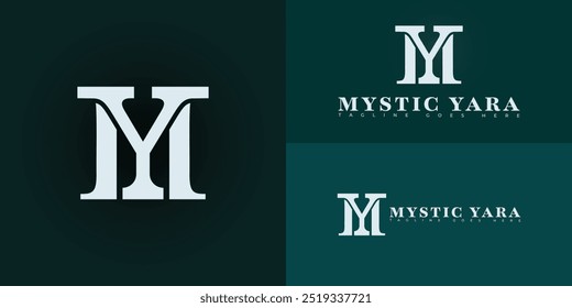 A letra inicial do vetor moderno MY ou o logotipo YM na cor azul-branca suave isolada em várias cores de fundo. O logotipo é adequado para modelos de inspiração de design de logotipo de marca de beleza halal.
