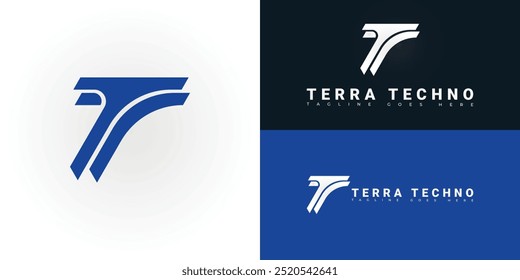 Modern vector initial letter T or TT logo in blue color isolated on multiple background colors. The logo is suitable for business and technology company logo design inspiration templates.
