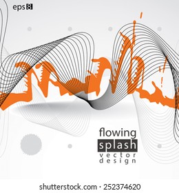 Modern vector inky wallpaper, eps8 flowing lines, ephemeral blob painted with brush, muddled orange graffiti shape element, expressive untidy illustration.