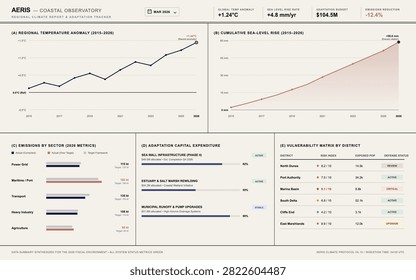 Modern vector interface displaying environmental metrics, climate change statistics, and regional adaptation tracking data.