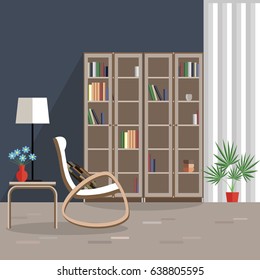 Modern vector interior in flat style design. Room with furniture.  Living room. Library