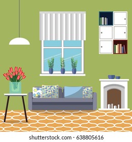 Modern vector interior in flat style design. Room with furniture.  Living room