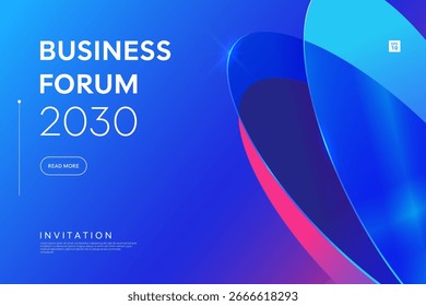 Modern vector invitation template for business forum, conference presentation or other event. Abstract gradient background in blue colors with geometric shapes in glassmorphism style.