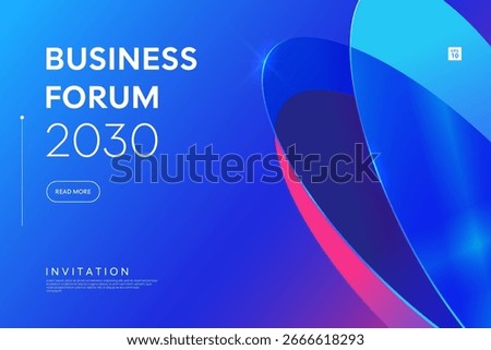 Modern vector invitation template for business forum, conference presentation or other event. Abstract gradient background in blue colors with geometric shapes in glassmorphism style.