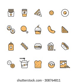 Modern vector isolated illustration fast food icons set. Tasty food, meals, confection. Line style vector