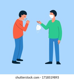 Modern vector isolated illustration in flat style. Composition with people. Healthy smiling man giving mask to a coughing, sneezing man. Personal respiratory hygiene. Coronavirus COVID-19 quarantine