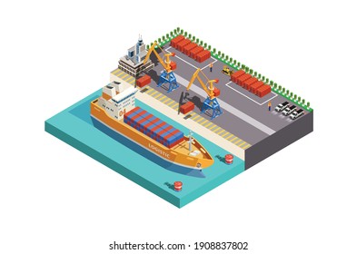 Modern Vector isometric icon or infographic element representing low poly cargo port with cranes loading containers on the container ship, trucks, forklifts