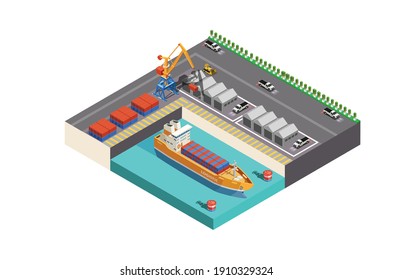 Modern Vector isometric icon or infographic element representing low poly cargo port with cranes loading containers on the container ship, trucks, forklifts