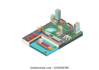 Modern Vector Isometric Icon Or Infographic Residential City  Element Representing Cargo Port With Cranes Loading Containers On The Container Ship, Trucks, Forklifts