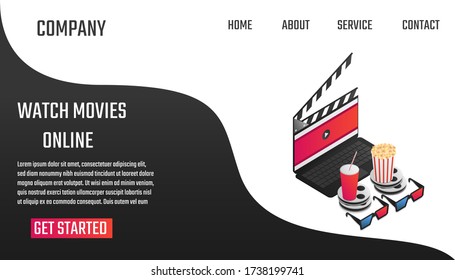 Modern vector isometric illustration. Concept of watching online movies for a website. Landing page template.