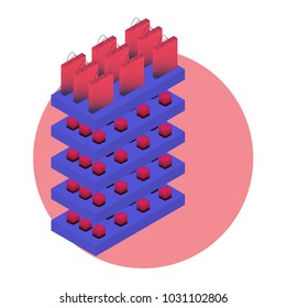 Modern Vector Isometric Illustration For Visual Merchandising To Promote Planogram, Also Known As Plano-gram, Schematics And POG. Planogram Indicates The Placement Of Retail Products To Maximize Sales