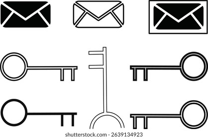 Modern Vector Key and Envelope Mail Icons Set for Access Control, Security, and Email Concepts