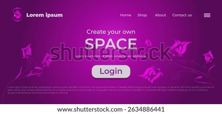 A modern vector landing page design featuring elegant pink floral elements on a purple gradient background. Includes UI components such as a login button, navigation menu, and promotional header
