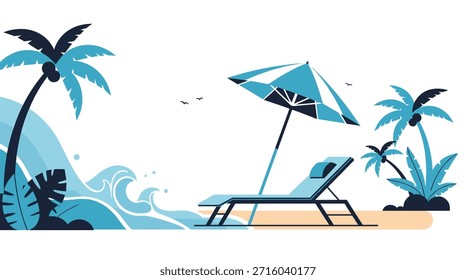 Modern vector landscape features a relaxing beach setup with a lounge chair and umbrella under palm trees by the blue sea.