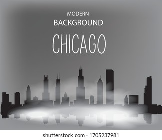 Modern vector landscape of foggy Chicago. Dark silhouette of buildings in a foggy haze.