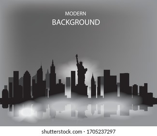 Modern vector landscape of foggy New York. Dark silhouette of buildings in a foggy haze.