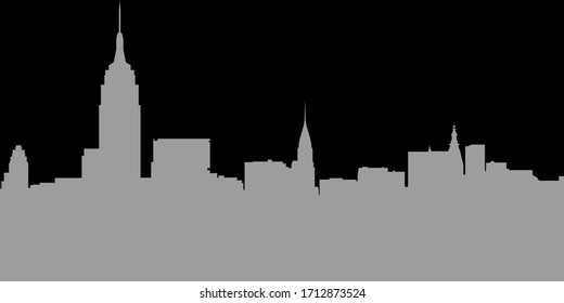 Modern vector landscape, New York skyline. Modern city, houses, skyscrapers. Gray silhouette of buildings on black background. Flat style. Vector illustration