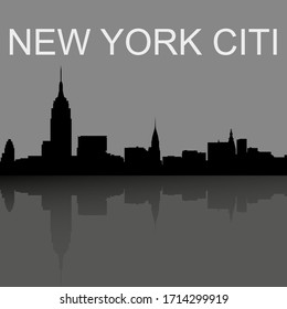 Modern vector landscape, New York skyline. Modern city, houses, skyscrapers. Gray silhouette of buildings on black background. Flat style. Vector illustration