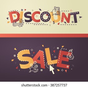 Modern vector lettering words advertising, marketing banners illustration Sale, Discount with business thin line design icons and pictograms for website