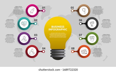Modern vector light bulb infographics. Business template with circles and eight parts. Success concept for graph, flowchart, cycling diagram, chart, timeline, app