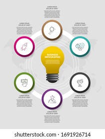 Infografías modernas de bombillas vectoriales. Plantilla de negocio con círculos y 6 partes. Concepto correcto para gráfico, diagrama de flujo, diagrama de ciclo, gráfico, escala de tiempo, aplicación