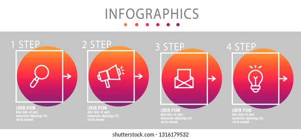 Modern vector line 3D illustration. Infographic circles template with four elements, squares. Designed for business, presentations, web design, interface, workflow layout, diagrams with 4 steps.