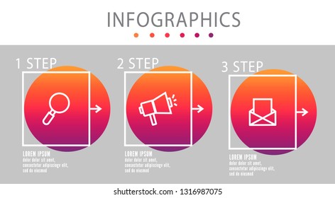 Modern vector line 3D illustration. Infographic circles template with three elements, squares. Designed for business, presentations, web design, interface, workflow layout, diagrams with 3 steps.