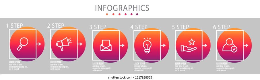 Modern vector line 3D illustration. Infographic circles template with six elements, squares, icons. Designed for business, presentations, web design, interface, workflow layout, diagrams with 6 steps.