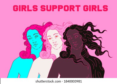 Modern vector line art Illustration or the Venus or Aphrodite Goddess  in doodle sketch style. Diverse women of different ethnicity and appearance. Poster about Feminism and Woman Power issues.