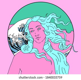 Modern vector line art Illustration of the Venus or Aphrodite Goddess  in doodle sketch style. Vaporwave style collage for poster or cover design.