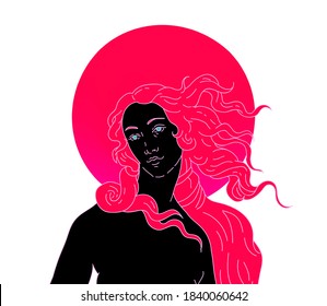 Modern vector line art Illustration or the Venus or Aphrodite Goddess  in doodle sketch style. Poster about Feminism and Woman Power issues.