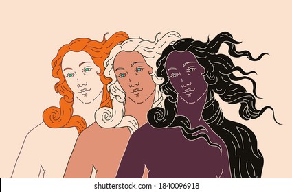 Modern vector line art Illustration or the Venus or Aphrodite Goddess  in doodle sketch style. Diverse women of different ethnicity and appearance. Poster about Feminism and Woman Power issues.