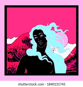 Modern vector line art Illustration of the Venus or Aphrodite Goddess  in doodle sketch style. Vaporwave style collage for poster or cover design.