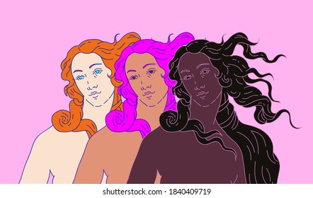 Modern vector line art Illustration or the Venus or Aphrodite Goddess  in doodle sketch style. Diverse women of different ethnicity and appearance. Poster about Feminism and Woman Power issues.