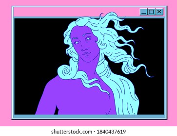 Modern vector line art Illustration of the Venus or Aphrodite Goddess  in doodle sketch style. Vaporwave style collage for poster or cover design.