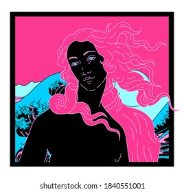 Modern vector line art Illustration of the Venus or Aphrodite Goddess  in doodle sketch style. Vaporwave style collage for poster or cover design.