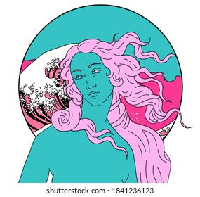 Modern vector line art Illustration of the Venus or Aphrodite Goddess  in doodle sketch style. Vaporwave style collage for poster or cover design.