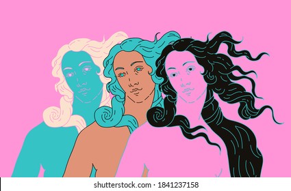 Modern vector line art Illustration or the Venus or Aphrodite Goddess  in doodle sketch style. Diverse women of different ethnicity and appearance. Poster about Feminism and Woman Power issues.