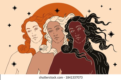 Modern vector line art Illustration or the Venus or Aphrodite Goddess  in doodle sketch style. Diverse women of different ethnicity and appearance. Poster about Feminism and Woman Power issues.