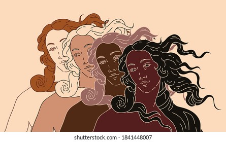 Modern vector line art Illustration or the Venus or Aphrodite Goddess  in doodle sketch style. Diverse women of different ethnicity and appearance. Poster about Feminism and Woman Power issues.