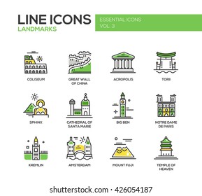 Modern vector line design icons, pictograms of famous landmarks. Coliseum, Sphinx, Torii, Acropolis, Great Wall, Santa Marie Cathedral, Big Ben, Notre Dame, Fuji, Temple of Heaven, Kremlin, Amsterdam