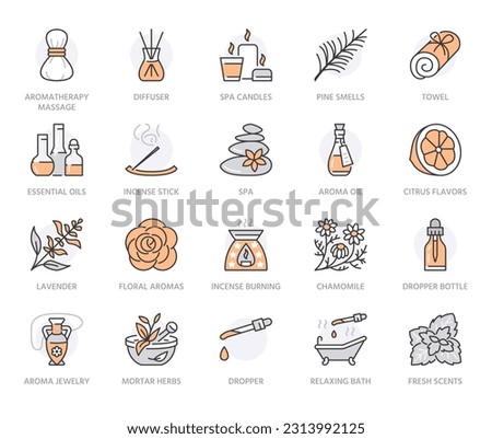 Modern vector line icon of aromatherapy and essential oils. Elements - aromatherapy diffuser, candles, incense sticks, herbal bags. Linear pictogram for aroma spa salon. Orange color. Editable stroke