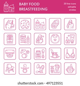 Modern vector line icon of breast feeding, baby infant food. Nursery elements - breast pump, woman, child, powdered milk, bottle sterilizer. Linear pictogram for site, brochure