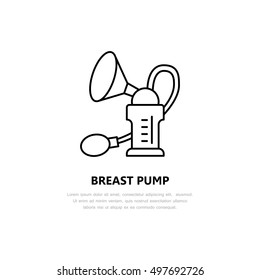 Icono vectorial moderno de la bomba mamaria. Ilustración lineal de la leche materna en botella. Esbozar comida saludable para el símbolo del bebé recién nacido. Bomba de mama manual y automática