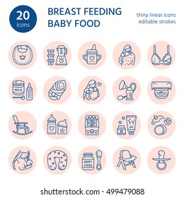 Modern vector line icon of breastfeeding, baby infant food. Motherhood elements - breast pump, woman, child, powdered milk, bottle sterilizer. Motherhood pictogram with editable stroke