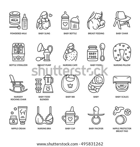 Modern vector line icon of breastfeeding, baby infant food. Breast feeding elements - pump, woman, child, powdered milk, bottle sterilizer, bib. Linear pictogram with editable stroke